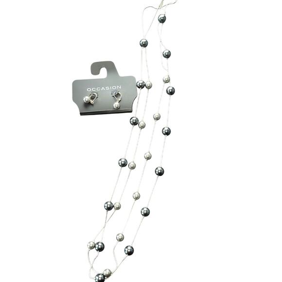 Silver-Tone 36" Multi-Strand Gray Faux Pearl Layered Necklace, Drop Earrings Set - Picture 1 of 14